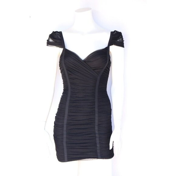 BCBCMAXAZRIA Women’s Size XXS Black Bodycon Mesh Cap Sleeve Ruched Mini - Picture 1 of 9